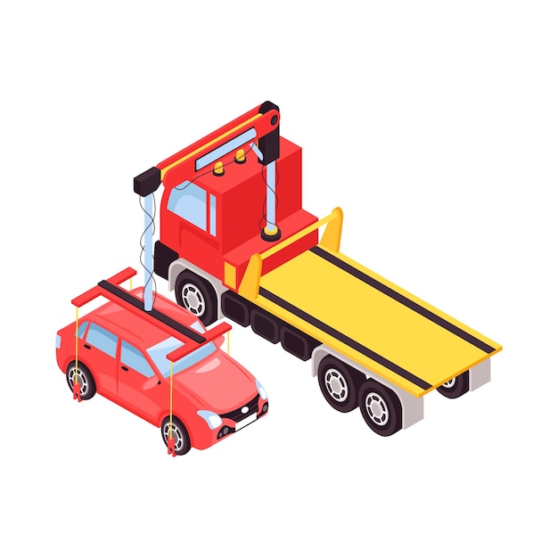 Isometrischer abschleppwagen-fahrzeugtransport hilft straßenzusammensetzung mit lokalisierter bildvektorillustration
