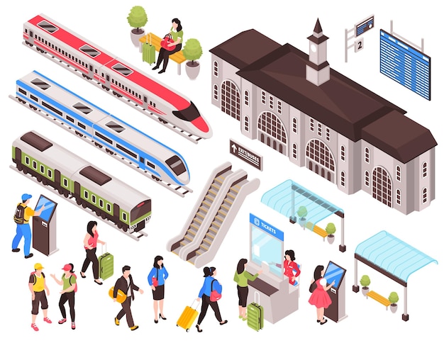 Isometrischer bahnhofszugsatz von isolierten bildern mit menschlichen charakteren zugwagen und infrastrukturelementen vektorillustration