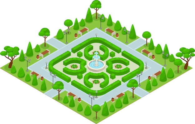 Isometrischer farbiger landschaftsdesign-parkkonzept-minipark mit grünen büschen und einem großen brunnen