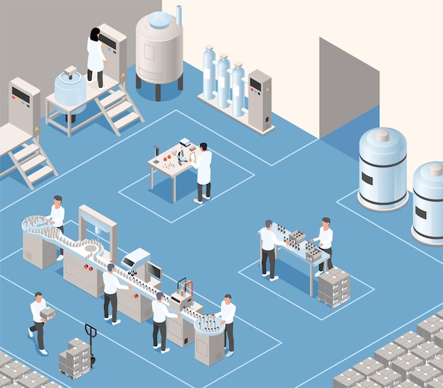 Kostenloser Vektor isometrischer hintergrund der kosmetikproduktion mit mitarbeitern, die an der füllung der kappen und der verpackung der produktvektorillustration arbeiten