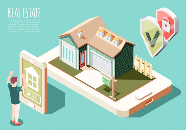 Isometrischer Hintergrund der vergrößerten Realität der Immobilien mit kaufender Hausillustration der on-line-Werbung und des Mannes
