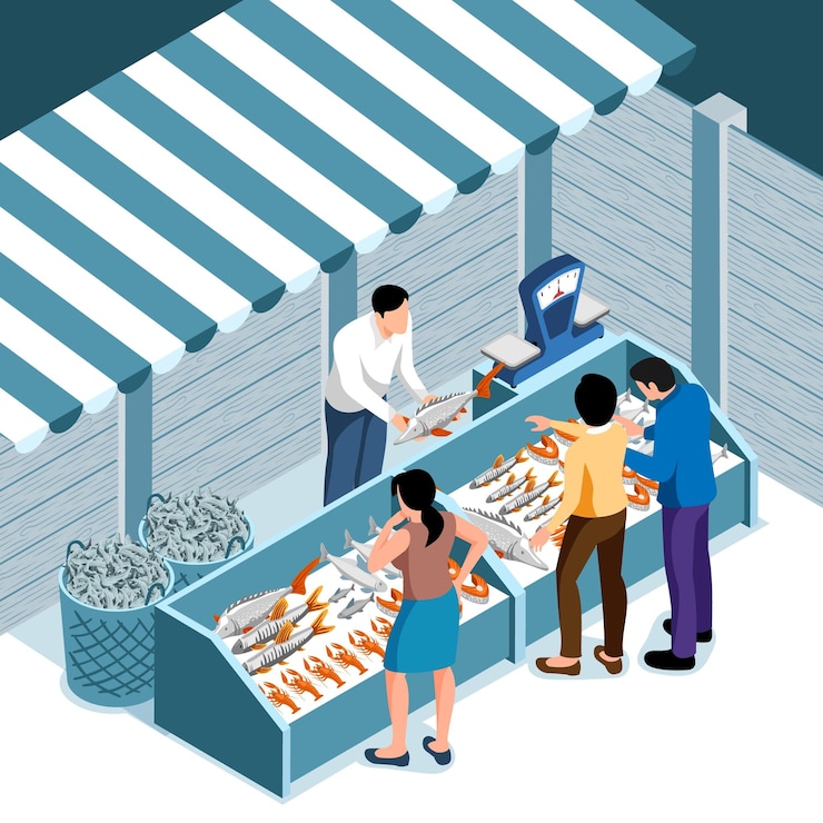 Kostenlose Vektor isometrischer hintergrund des meeresfrüchtemarktes mit verkäufer hinter der theke, die frische fischvektorillustration anbietet