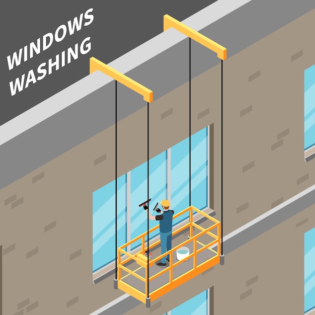 Kostenloser Vektor isometrischer hintergrund des reinigungsdienstes mit sachen des industriellen alpinismusunternehmens, das wolkenkratzerfenster wäscht, vektorillustration