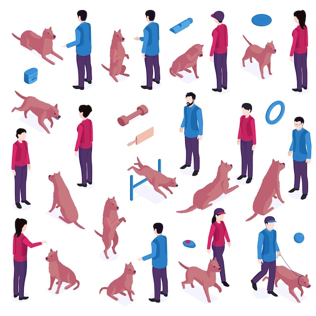 Isometrischer Hundetrainings-Kynologe mit isolierten Symbolen von Spielzeugbarrieren und menschlichen Charakteren, die Hunde erziehen, Vektorgrafik