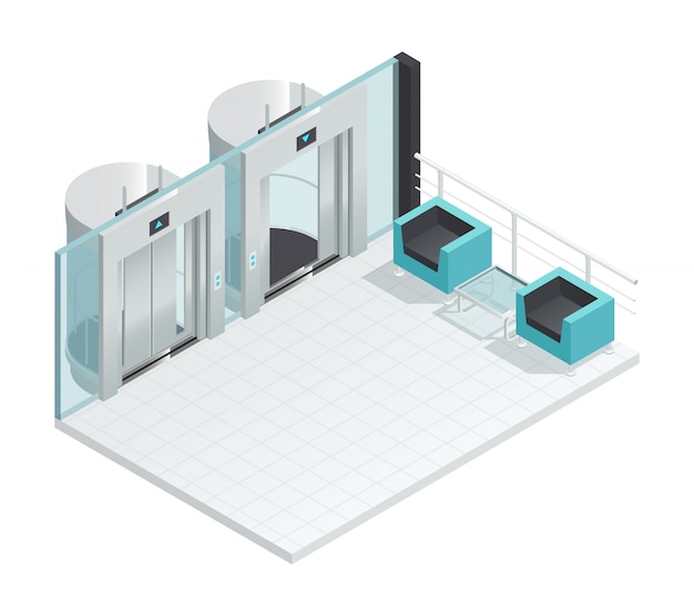 Kostenloser Vektor isometrischer innenraum des aufzugsaufzuges mit glasaufteilung der zeitgenössischen art aufzugsstühle zwei
