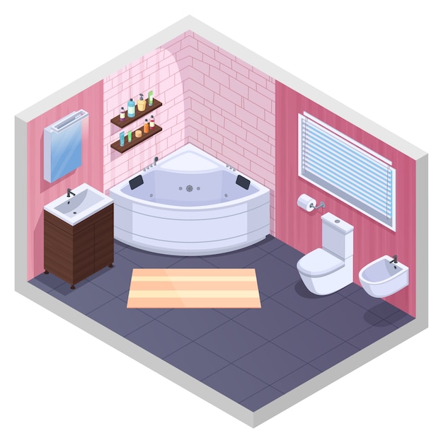 Kostenloser Vektor isometrischer innenraum des badezimmers mit eckigen wannenregalen mit gel- und shampooflaschenbecken und toilettenschüssel vector illustration
