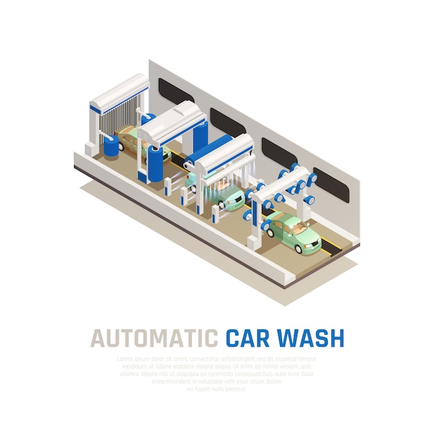 Isometrischer Kontext des Autowaschdienstes mit Symbolen für die automatische Autowäsche