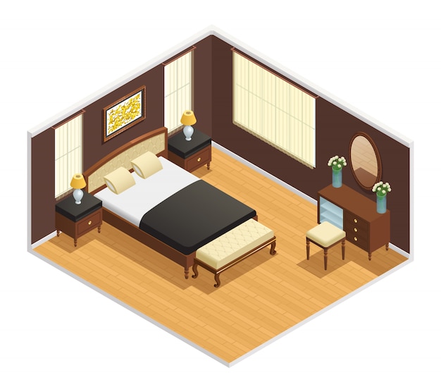 Isometrischer Luxusinnenraum für Schlafzimmer mit Doppelbett