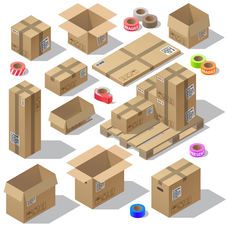 Kostenlose Vektor isometrischer satz 3d pappverpackung