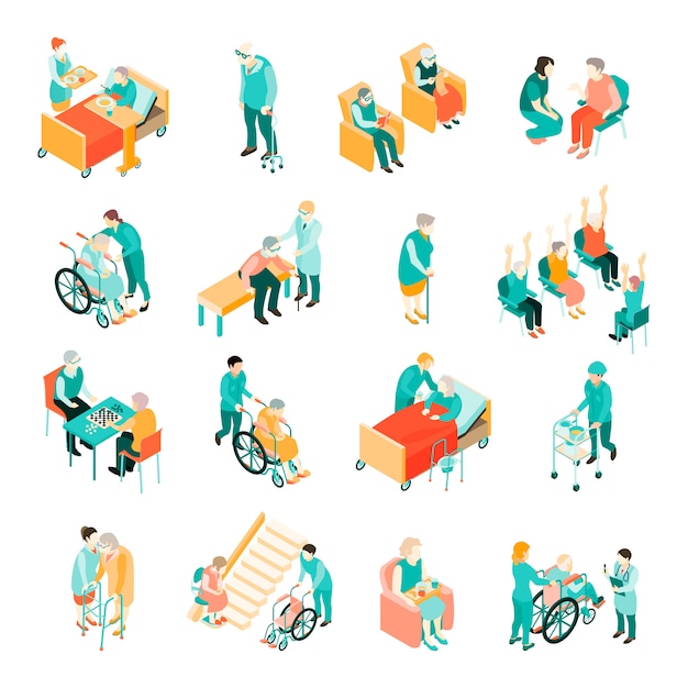 Isometrischer Satz ältere Menschen in den verschiedenen Situationen und medizinisches Personal im Pflegeheim lokalisiert