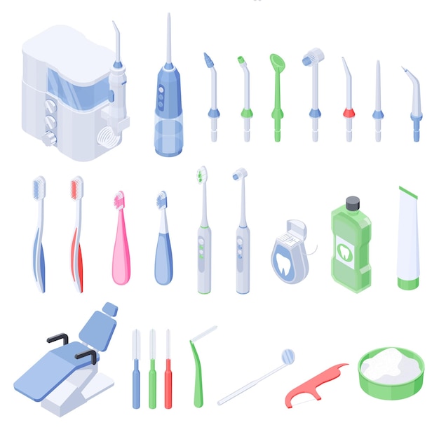 Kostenloser Vektor isometrischer satz der zahnhygiene aus elektrischen und üblichen zahnbürsten und düsen der zahnseide für die isolierte vektorillustration der bewässerung