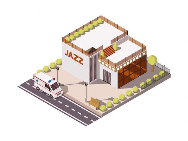 Isometrischer Satz des Rettungsdienstkrankenwagenautos nahe Gebäude mit Vektorillustration des Jazzzeichens 3d
