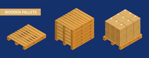 Isometrischer satz holzpaletten und pappkartons auf blauem hintergrund lokalisierte vektorillustration