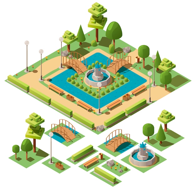 Isometrischer Stadtpark mit Gestaltungselementen für die Gartenlandschaft