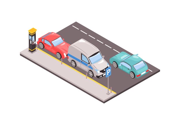 Isometrischer Stadtparkplatz mit Parkuhr und drei Personenkraftwagen 3D-Vektorillustration