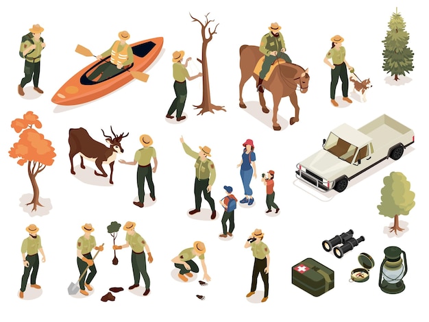 Isometrischer waldreservat-ranger-satz isolierter symbole mit schlauchboot-pickup-truck-werkzeugen und menschen-vektorillustration