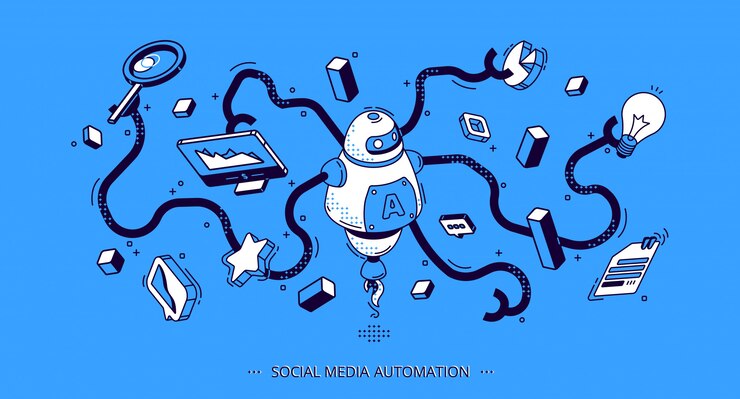 Kostenlose Vektor isometrisches banner für die automatisierung von sozialen medien. seo