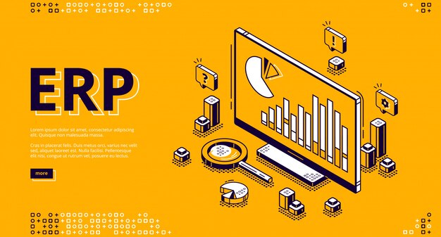 Isometrisches Banner für die ERP-Unternehmensressourcenplanung