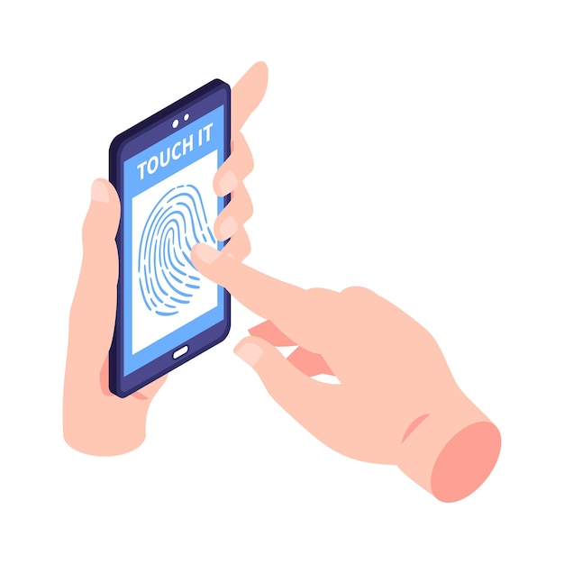 Isometrisches biometrisches identifikationssymbol mit menschlichen händen unter verwendung der fingerabdruckerkennung auf smartphone 3d-vektorillustration