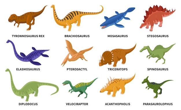 Kostenloser Vektor isometrisches farbiges dinosaurier-set