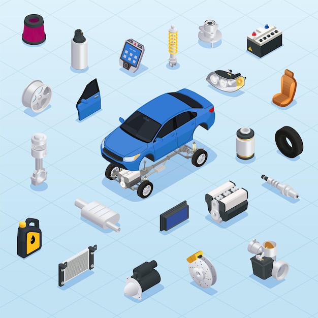 Isometrisches flussdiagramm für autoteile mit vektorillustration für autoersatzteile