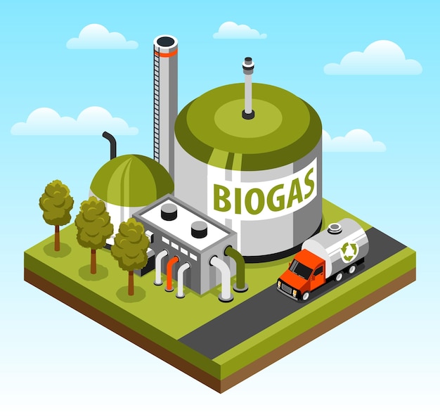 Kostenloser Vektor isometrisches grünes objekt der biogasfabrik am sauberen hintergrund des blauen himmels 3d-vektorillustration