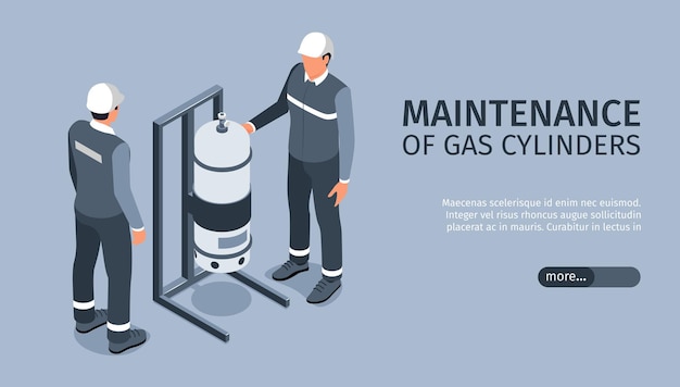 Isometrisches horizontales banner für komprimiertes gas mit bearbeitbarem textschieber, schaltfläche „mehr“ und menschlichen charakteren von ingenieuren, vektorillustration