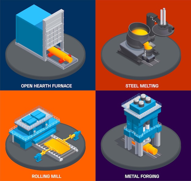 Kostenloser Vektor isometrisches konstruktionskonzept der metallurgie-gießereiindustrie mit anlagenofenwalzwerk und anderen einrichtungen