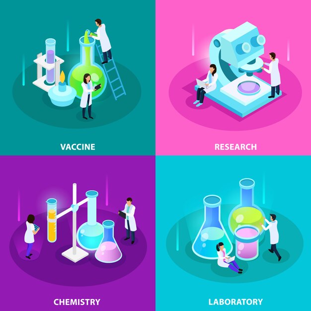 Isometrisches Konzept der Impfstoffentwicklung mit Laborforschungs-Chemieausrüstung und Experimenten lokalisiert