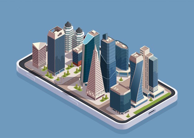 Isometrisches Konzept der Stadtwolkenkratzer mit Telefonkörper und Block der modernen Gebäude oben auf Bildschirmvektorillustration