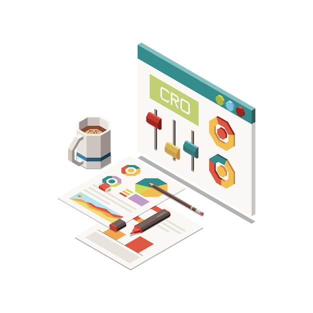 Isometrisches Konzeptsymbol der Marketingstrategie mit 3D-Desktop-Element und bunten Diagrammen