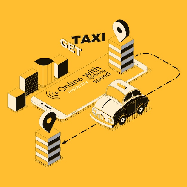 Kostenloser Vektor isometrisches online-taxi, app für smartphone