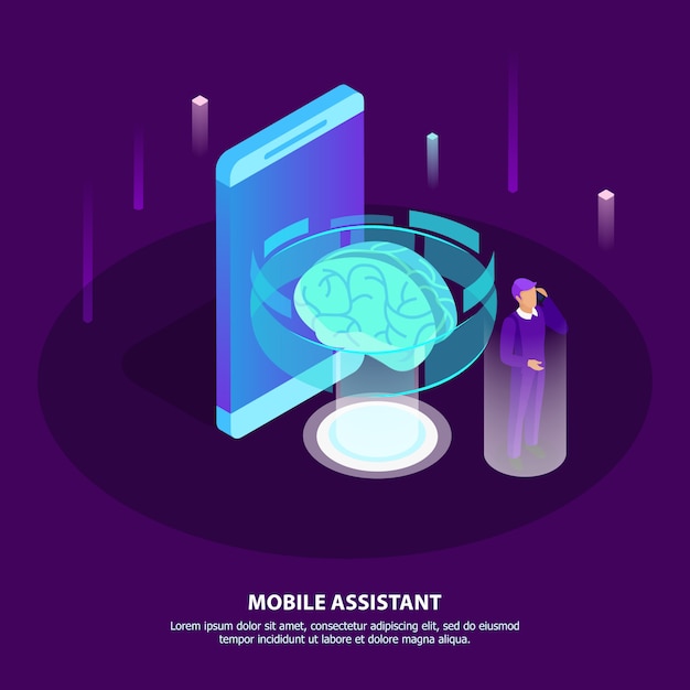 Isometrisches plakat des mobilen assistenten mit glühengehirn als künstlicher intelligenz und mann des symbols, die notwendige informationen mit beweglicher app in seinem smartphone erhält