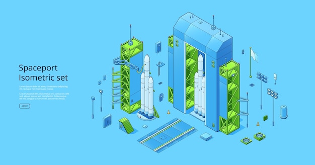 Isometrisches Set des Raumhafens mit Rakete auf dem Kosmodrom