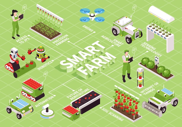 Kostenloser Vektor isometrisches smart farm-flussdiagramm