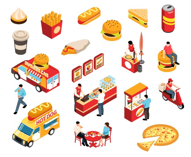 Isometrisches Streetfood-Set mit isolierten Symbolen von Fast-Food-Produkten, Getränken, Getränken, Lastwagen und Menschen, Vektorgrafik
