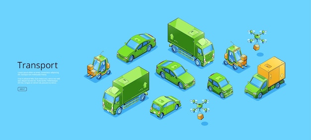 Isometrisches webbanner für den transport mit limousine oder elektroauto, lastwagen, gabelstapler, kühlwagen und quadkoper verschiedene automobile transportarten maschinen 3d-vektorlinie kunstkonzept