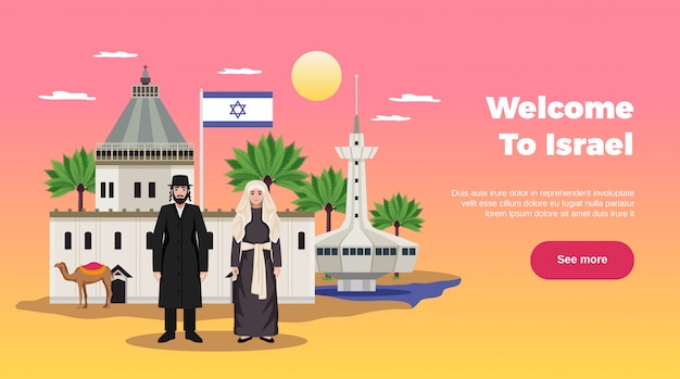 Israel-Reiseseitendesign mit flacher Illustration der Reisezahlungssymbole