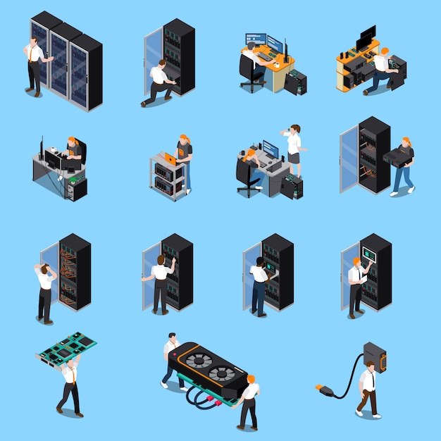 Kostenloser Vektor it engineer isometric set