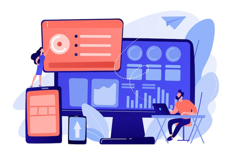 Kostenlose Vektor it-manager integrieren technologien in den geschäftsbetrieb. unternehmens-it-management, it-softwarelösungen, illustration des unternehmensarchitekturkonzepts