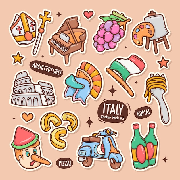 Italien niedliche doodle-vektor-aufkleber-sammlung