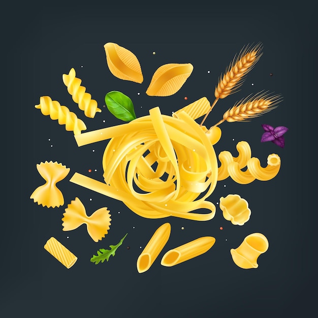 Italienische pasta-komposition aus weizen mit farfalle-tagliatelle, gnocchi, rigatoni-fusulli und kräutern auf schwarzem hintergrund, realistische vektorillustration