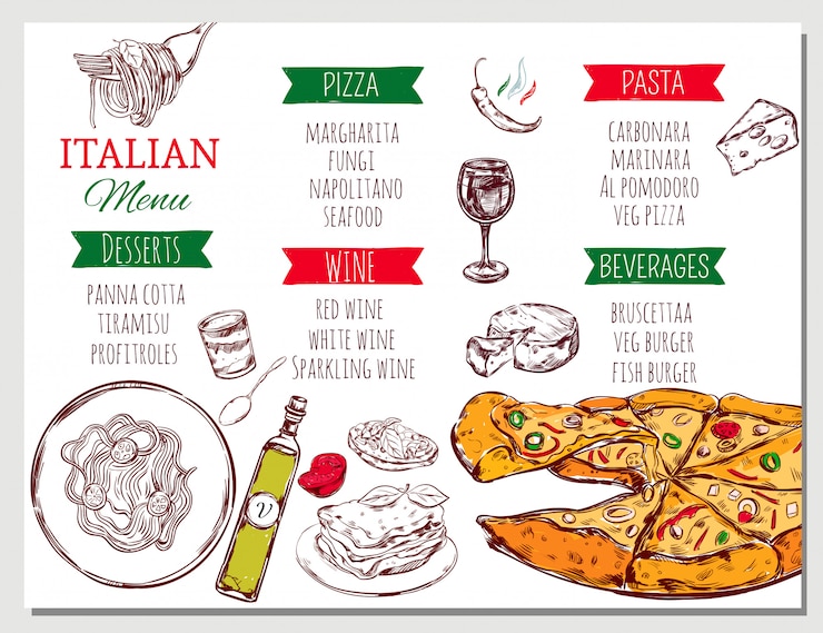 Kostenlose Vektor italienisches restaurantmenü
