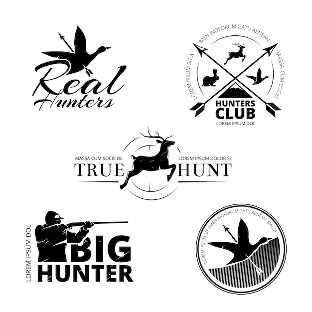 Kostenloser Vektor jagdclub vektor-etiketten, logos, embleme gesetzt. tierhirsch und gewehr, ziel- und rentierillustration