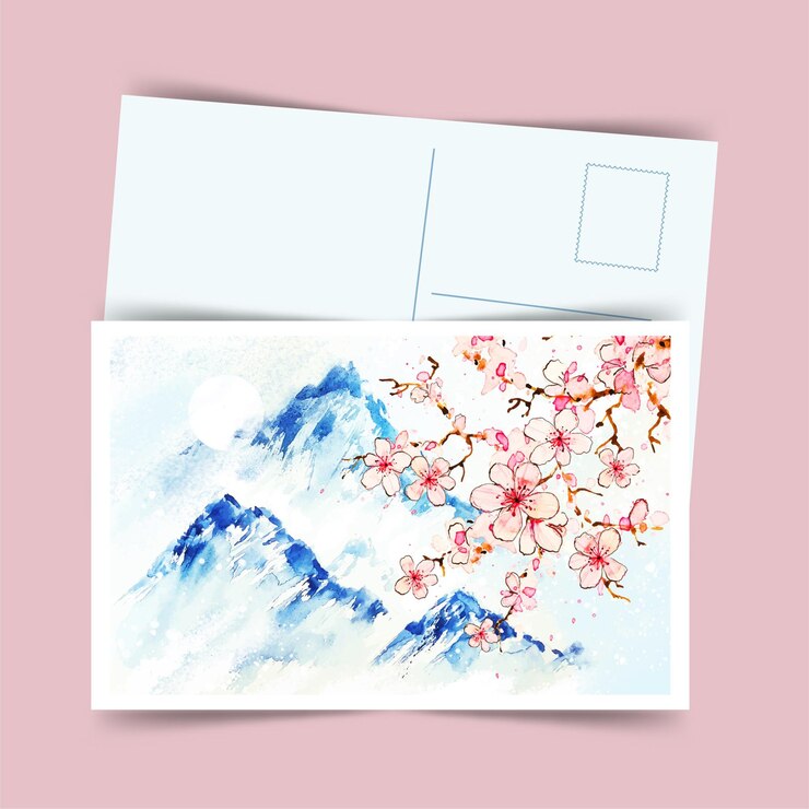 Kostenlose Vektor japanische postkarte sakura und berge