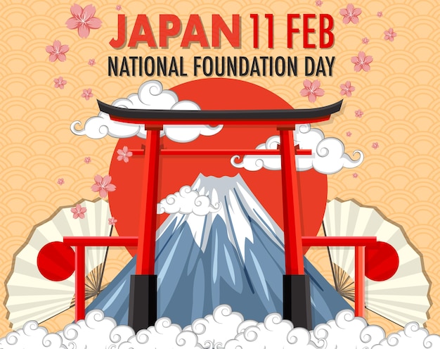 Japans national foundation day banner mit mount fuji und torii gate