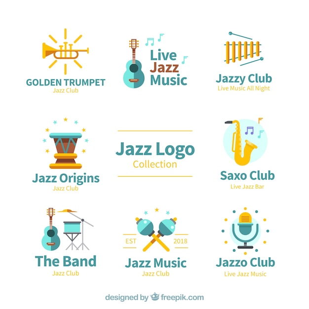 Kostenloser Vektor jazz-logo-kollektion mit flachem design