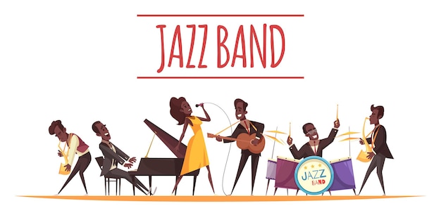 Jazzzusammensetzung mit flachen charakteren der karikaturart von afroamerikanermusikern mit instrumenten und text