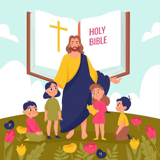 Jesus christus und kinderhintergrund mit flacher vektorillustration der heiligen bibelsymbole