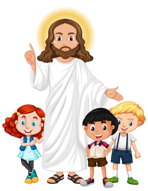 Jesus mit einer Kindergruppen-Zeichentrickfigur